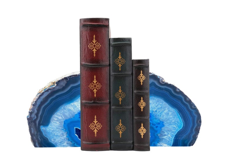 AMOYSTONE Blue Agate Stone Bookends, Heavy Sturdy Bookends for Heavy Books, Rock Crystal Book Holder, 6-8 LBS, Decorative Bookends for Home Office Desk, Perfect Housewarming Gift - Image 1